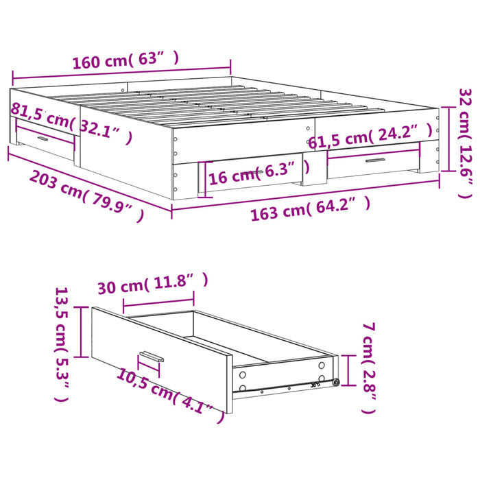 Giroletto Cassetti Grigio Cemento 160x200 cm Legno Multistrato 3280373