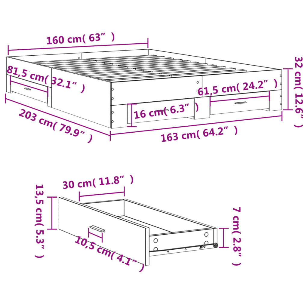 Giroletto con Cassetti Rovere Fumo 160x200 cm Legno Multistrato 3280374