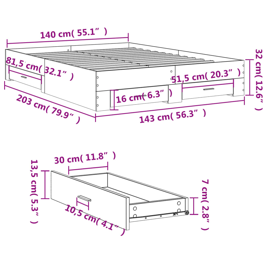 Giroletto Cassetti Grigio Sonoma 140x200 cm Legno Multistrato 3280389