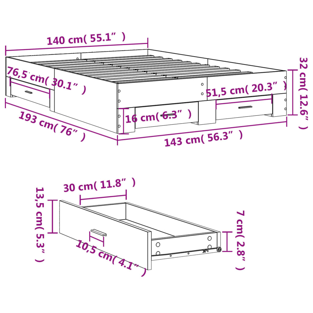 Giroletto con Cassetti Rovere Fumo 140x190 cm Legno Multistrato 3280402