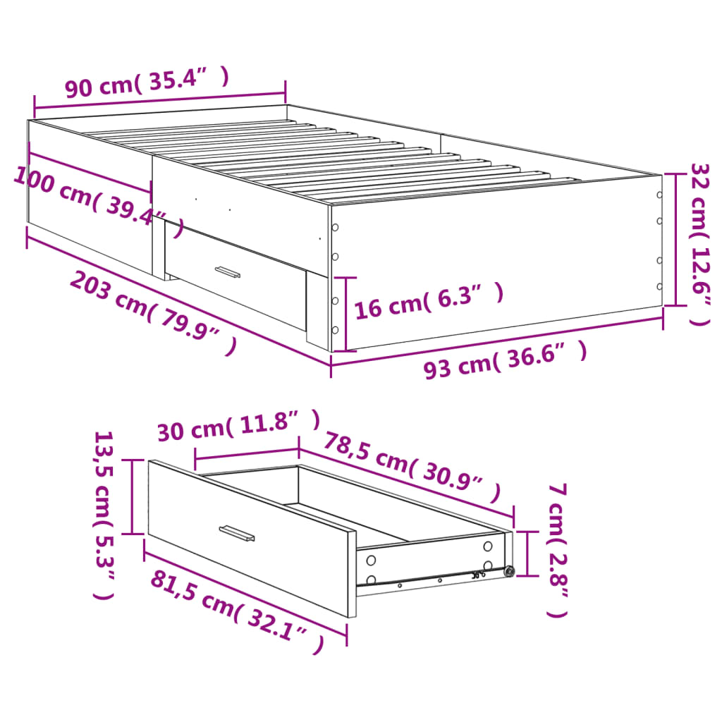 Giroletto Cassetti Grigio Sonoma 90x200 cm Legno Multistrato 3280431