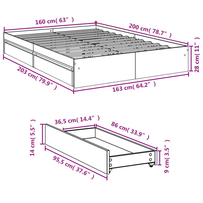 Giroletto Cassetti Rovere Sonoma 160x200 cm Legno Multistrato 3280645