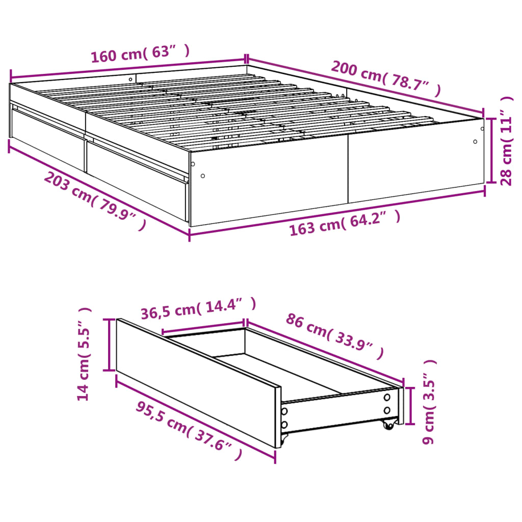 Giroletto con Cassetti Rovere Fumo 160x200 cm Legno Multistrato 3280647