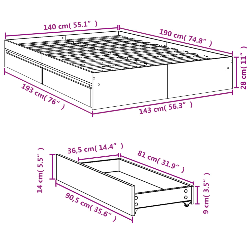 Giroletto con Cassetti Bianco 140x200 cm in Legno Multistrato 3280657