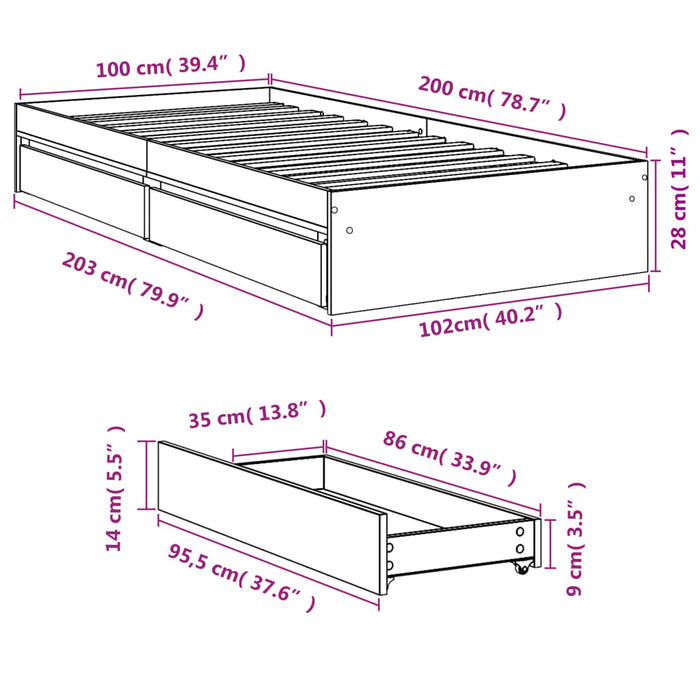 Giroletto con Cassetti Rovere Fumo 100x200 cm Legno Multistrato 3280675