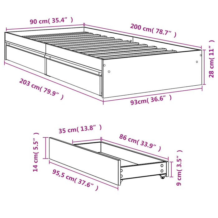 Giroletto con Cassetti Nero 90x200 cm in Legno Multistrato 3280679