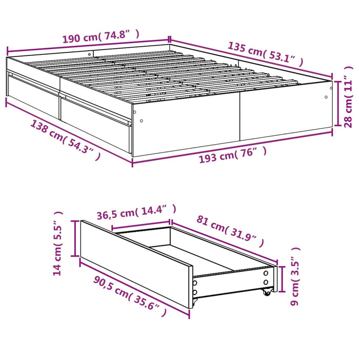 Giroletto con Cassetti Nero 135x190 cm in Legno Multistrato 3280693