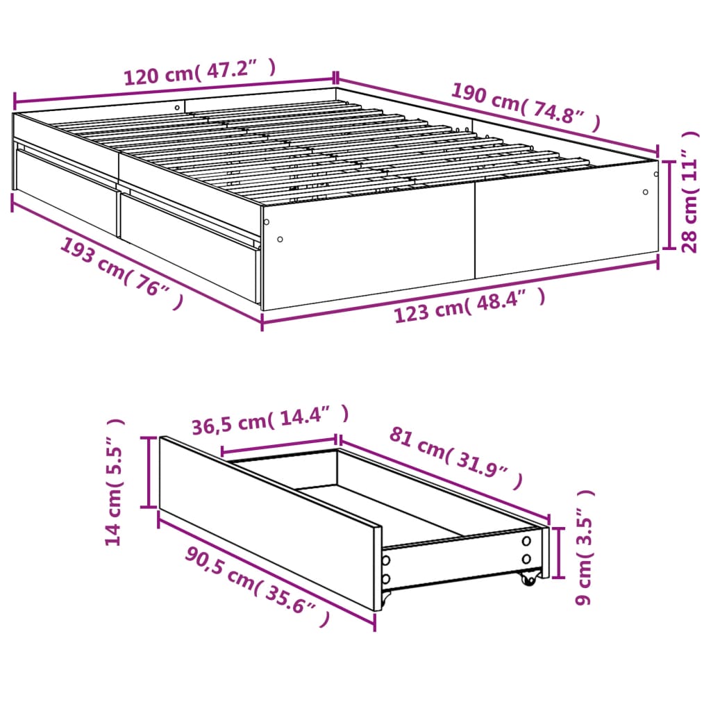 Giroletto con Cassetti Bianco 120x190 cm in Legno Multistrato 3280699