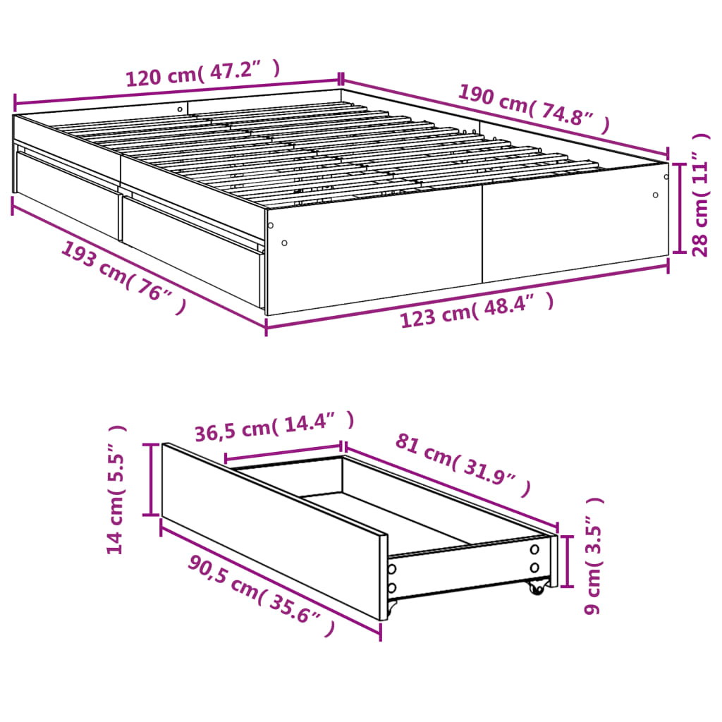 Giroletto Cassetti Grigio Sonoma 120x190 cm Legno Multistrato 3280704