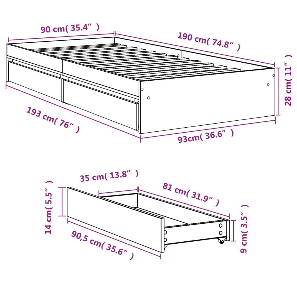 Giroletto con Cassetti Rovere Fumo 90x190 cm Legno Multistrato 3280710