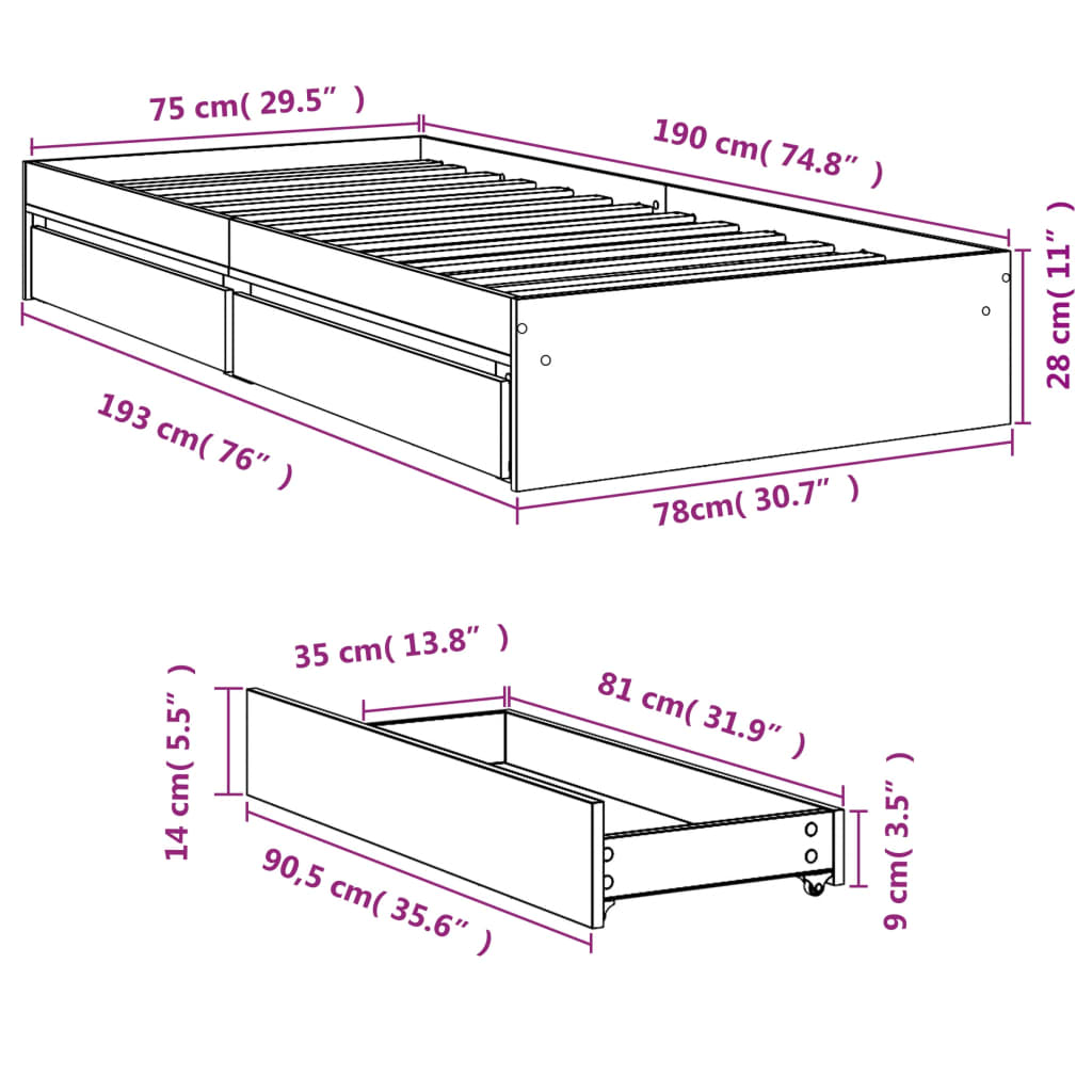 Giroletto Cassetti Rovere Sonoma 75x190 cm Legno Multistrato 3280715