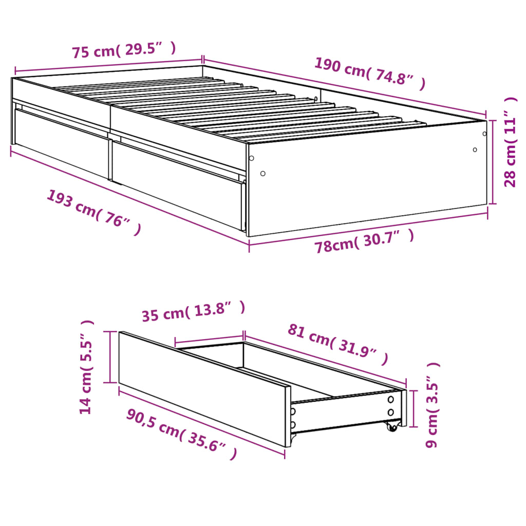 Giroletto Cassetti Rovere Marrone 75x190 cm Legno Multistrato 3280719