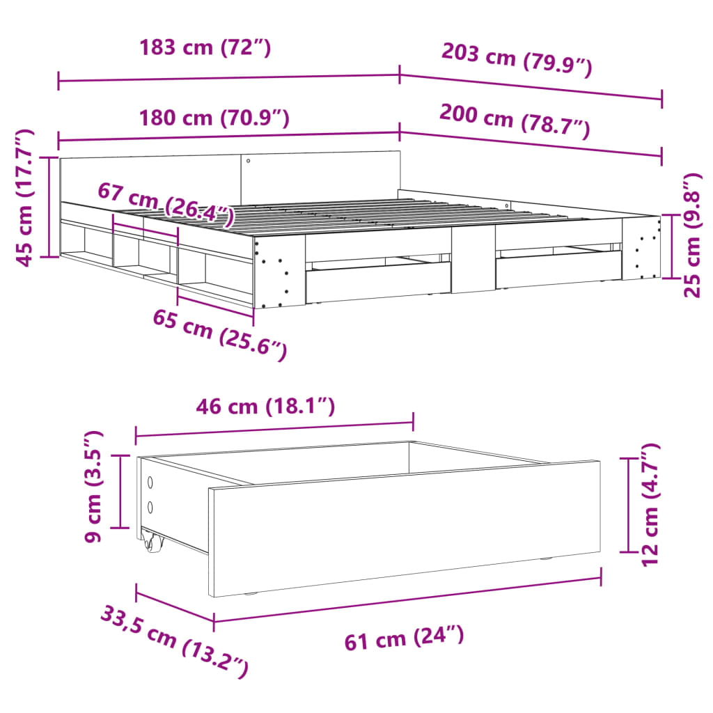 Giroletto con Cassetti Nero 180x200 cm in Legno Multistrato 3280728