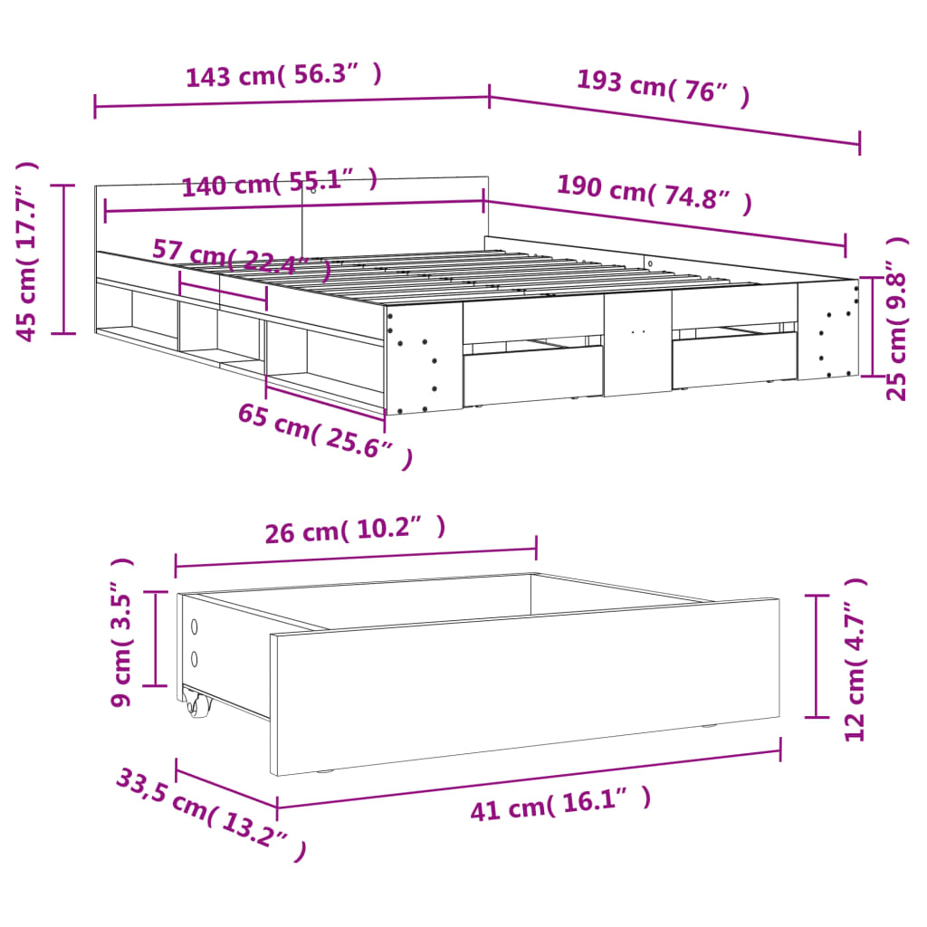 Giroletto con Cassetti Rovere Fumo 140x190 cm Legno Multistrato 3280766