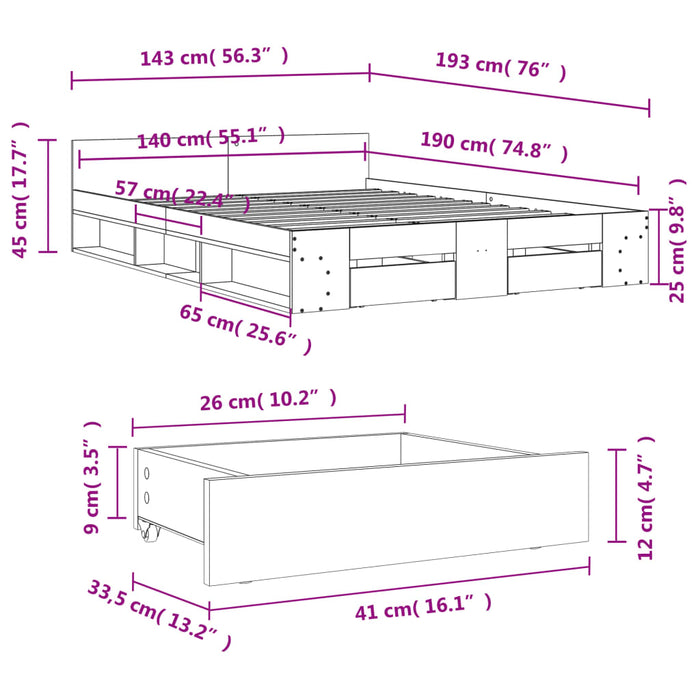 Giroletto con Cassetti Rovere Fumo 140x190 cm Legno Multistrato 3280766