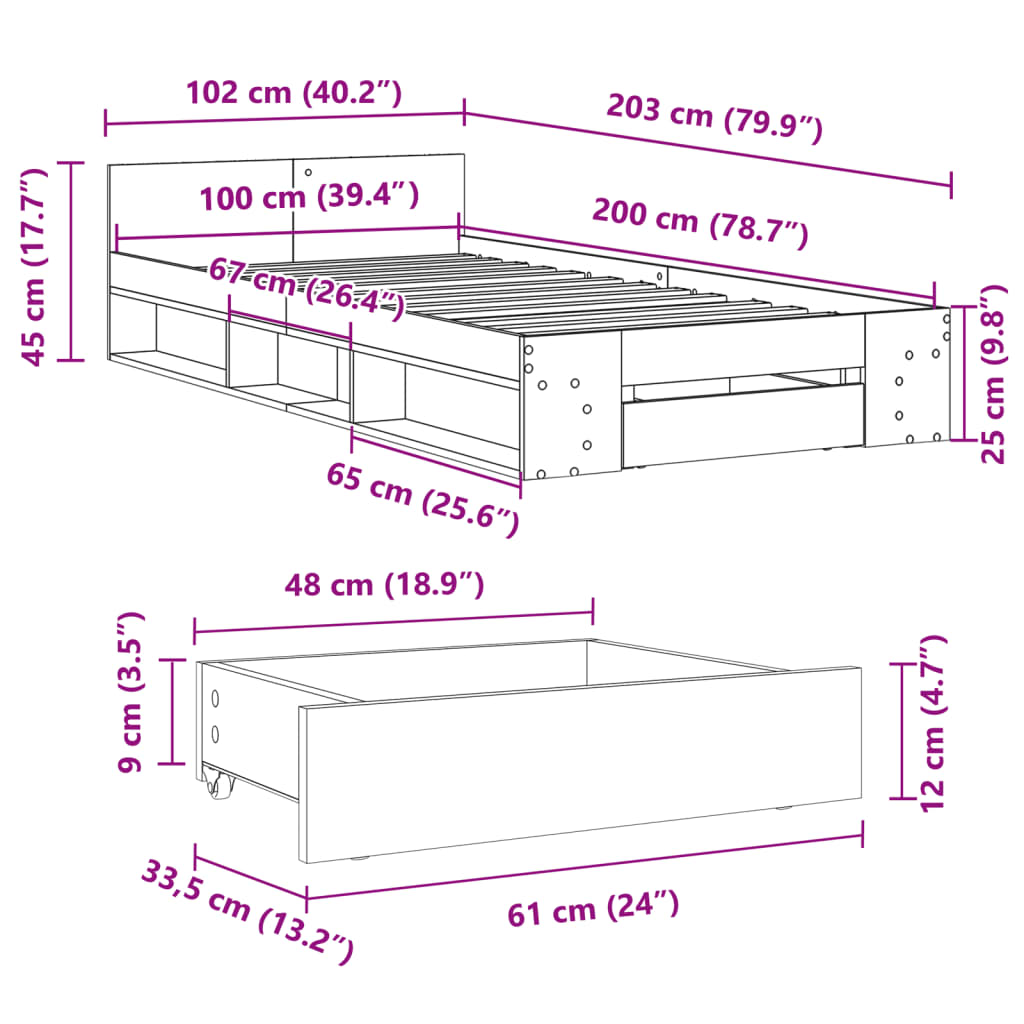 Giroletto con Cassetto Nero 100x200 cm in Legno Multistrato 3280791