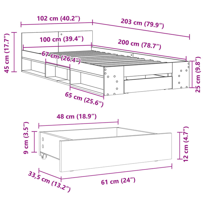 Giroletto con Cassetto Nero 100x200 cm in Legno Multistrato 3280791