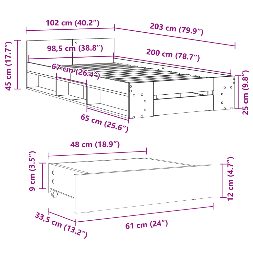 Giroletto con Cassetto Rovere Fumo 100x200 cm Legno Multistrato 3280794