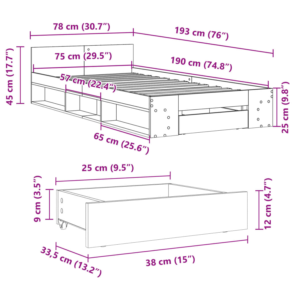 Giroletto con Cassetto Bianco 75x190 cm in Legno Multistrato 3280804