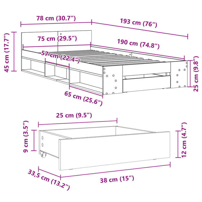 Giroletto con Cassetto Bianco 75x190 cm in Legno Multistrato 3280804