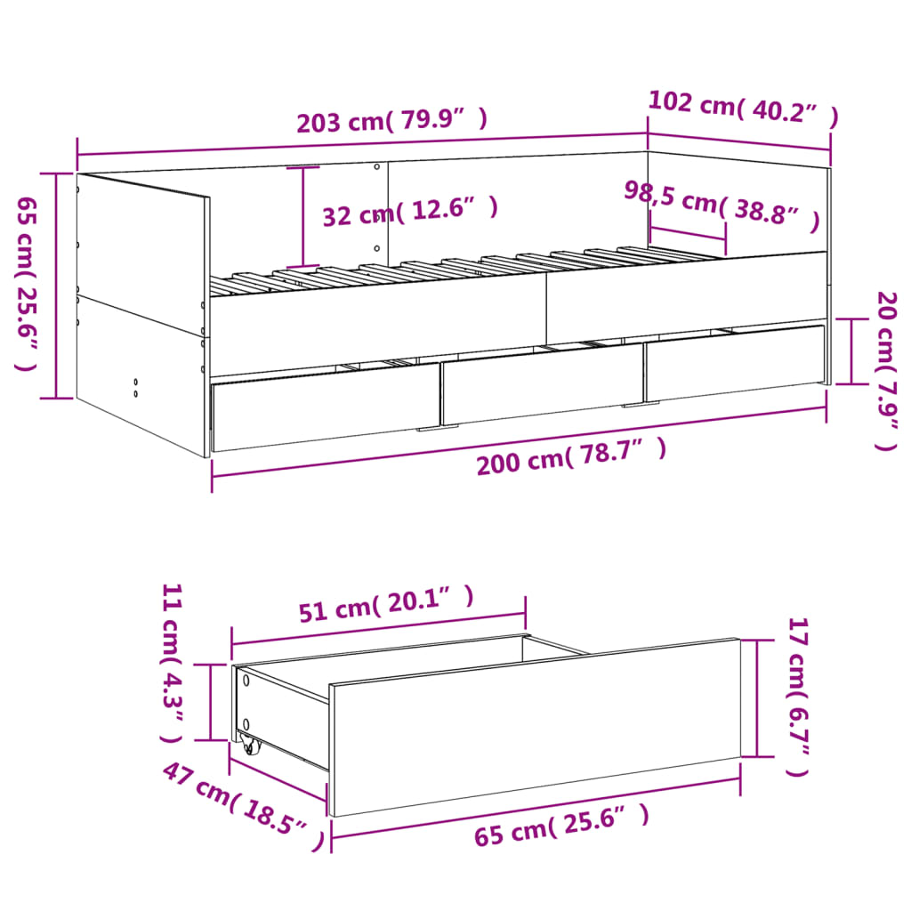 Divano Letto con Cassetti Bianco 100x200cm in Legno Multistrato 3280811