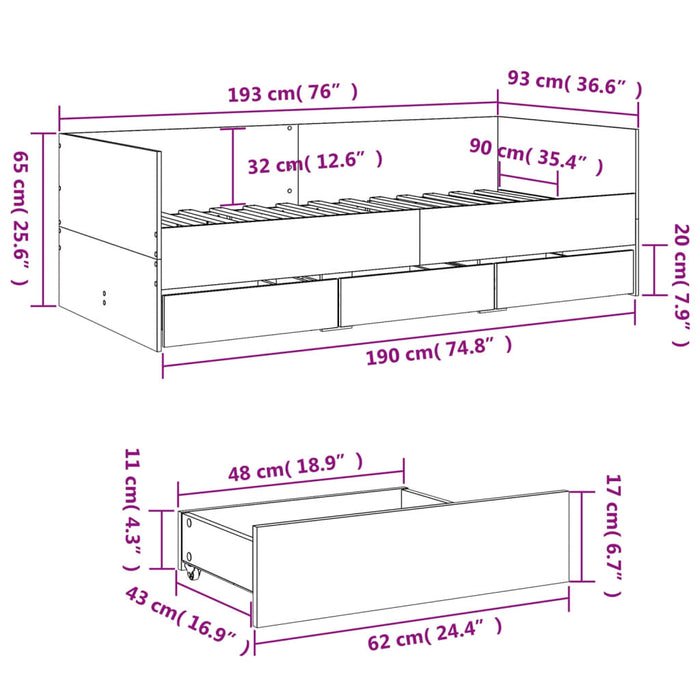 Divano Letto con Cassetti Rovere Sonoma 90x190 cm Multistrato 3280827