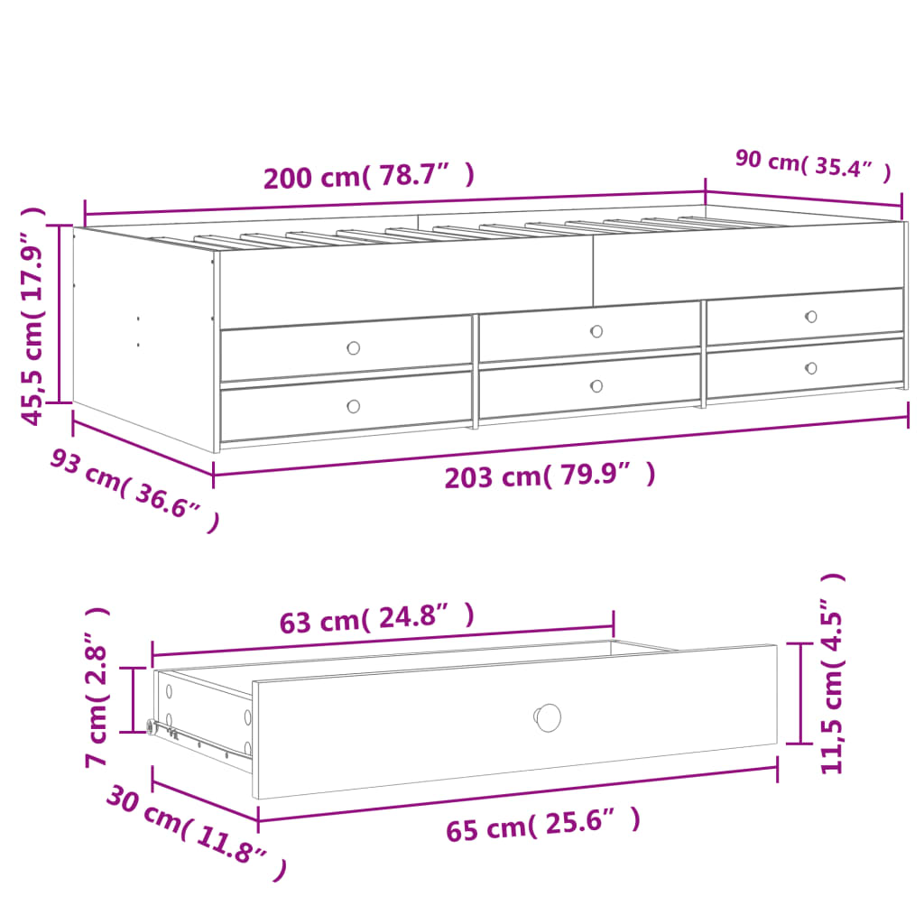 Divano Letto con Cassetti Bianco 90x200 cm in Legno Multistrato 3280874