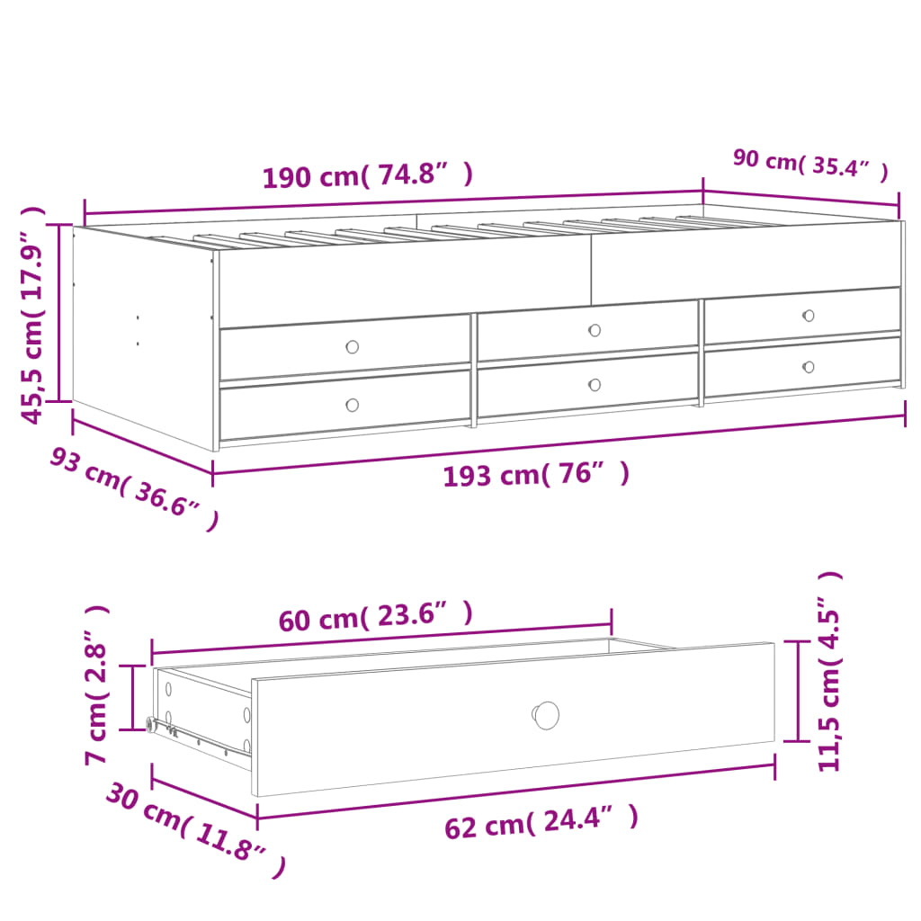 Divano Letto con Cassetti Grigio Sonoma 90x190 cm Multistrato 3280886