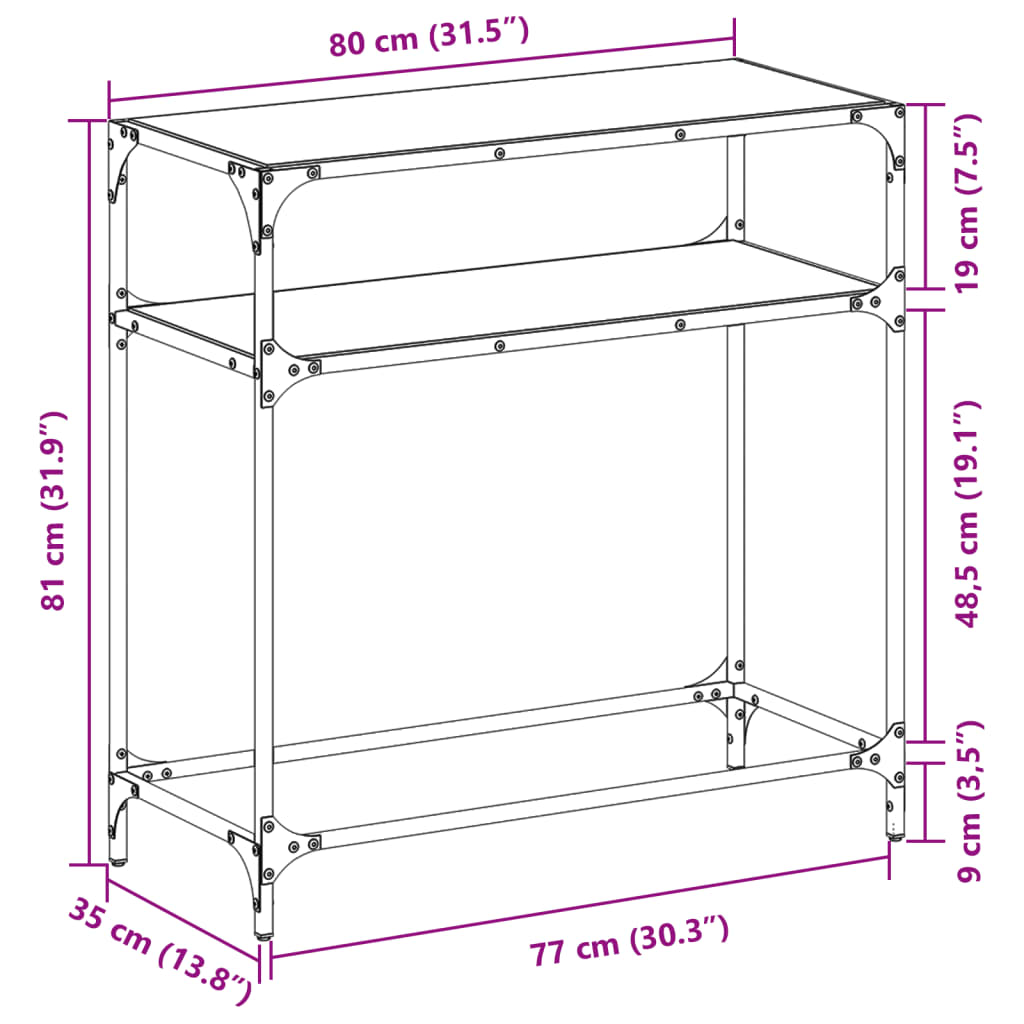 Tavolino Consolle Piano Vetro Trasparente 80x35x81cm in Acciaio 846024