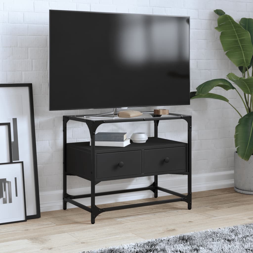 Mobile TV con Piano in Vetro Nero 60x35x51 cm Legno Multistrato 846054