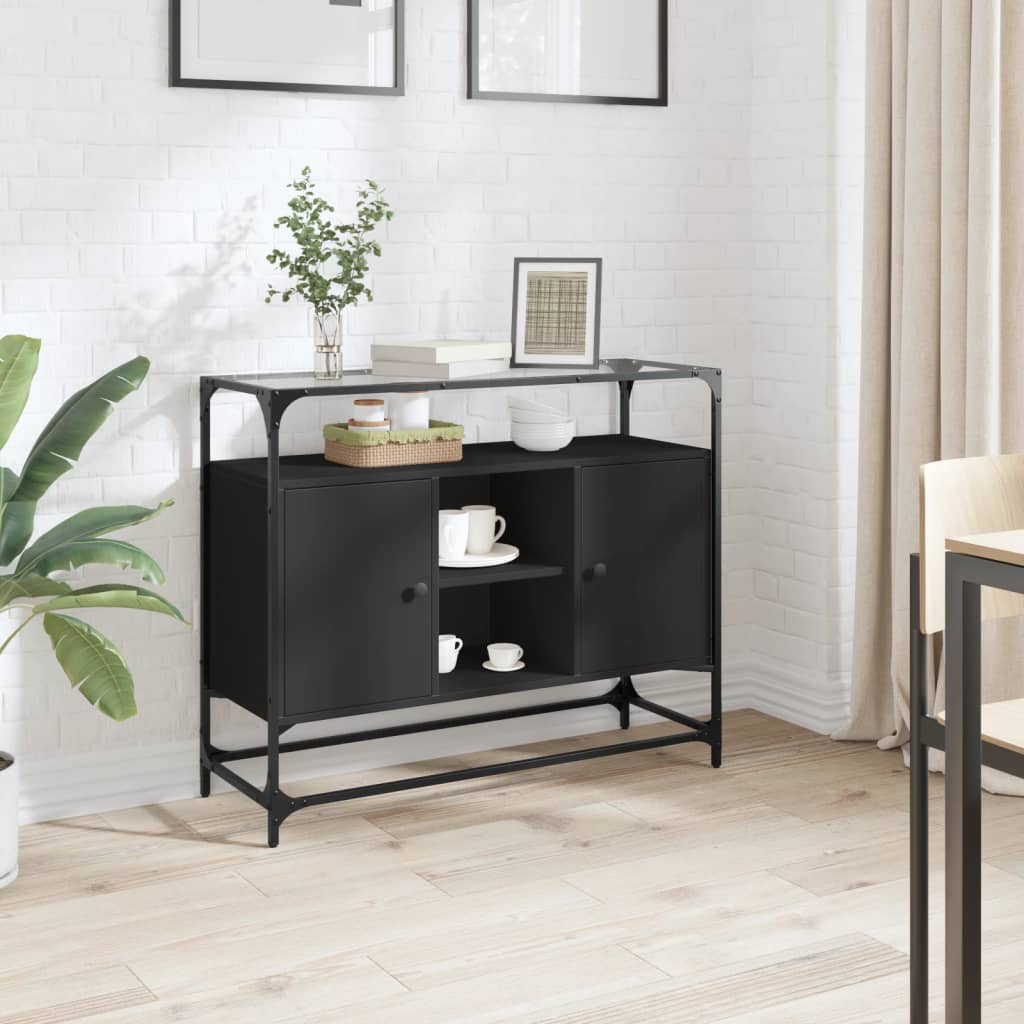 Credenza con Piano in Vetro Nero 98x35x81cm Legno Multistrato 846069