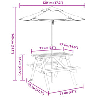 Tavolo da Picnic per 4 Bambini con Ombrellone Legno di Abete 3281616