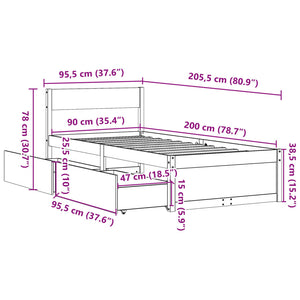 Giroletto con Cassetti Bianco 90x200 cm Legno Massello di Pino 846793