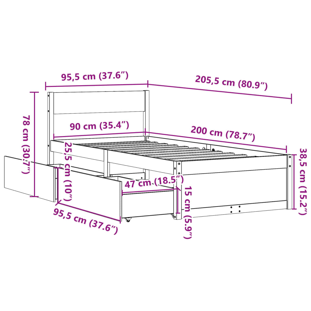 Giroletto Cassetti Marrone Cera 90x200 cm Legno Massello Pino 846794