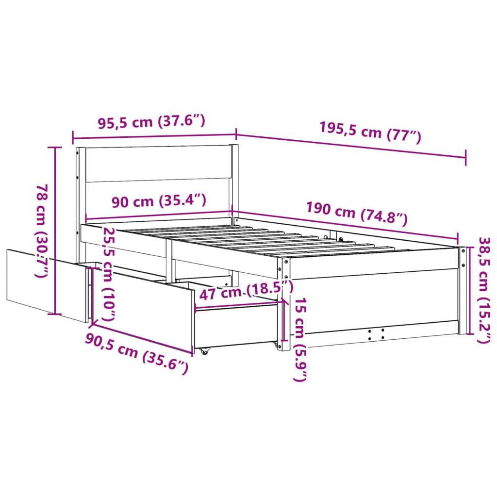 Giroletto Cassetti Marrone Cera 90x190cm Legno Massello di Pino 846806