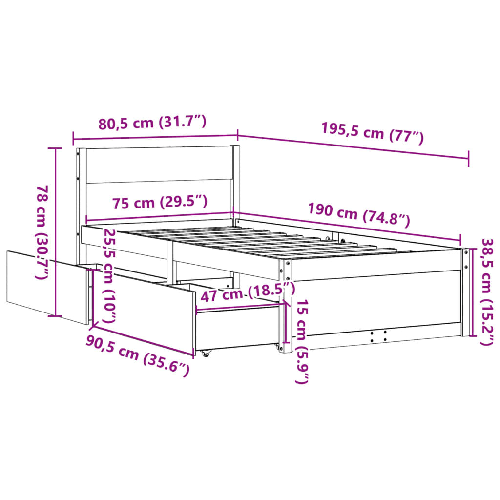 Giroletto con Cassetti 75x190 cm in Legno Massello di Pino 846807