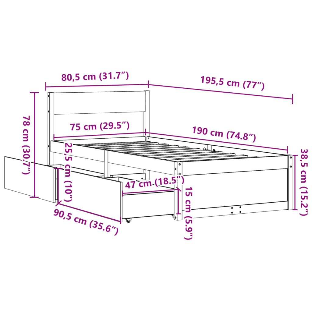 Giroletto con Cassetti Bianco 75x190 cm Legno Massello di Pino 846808