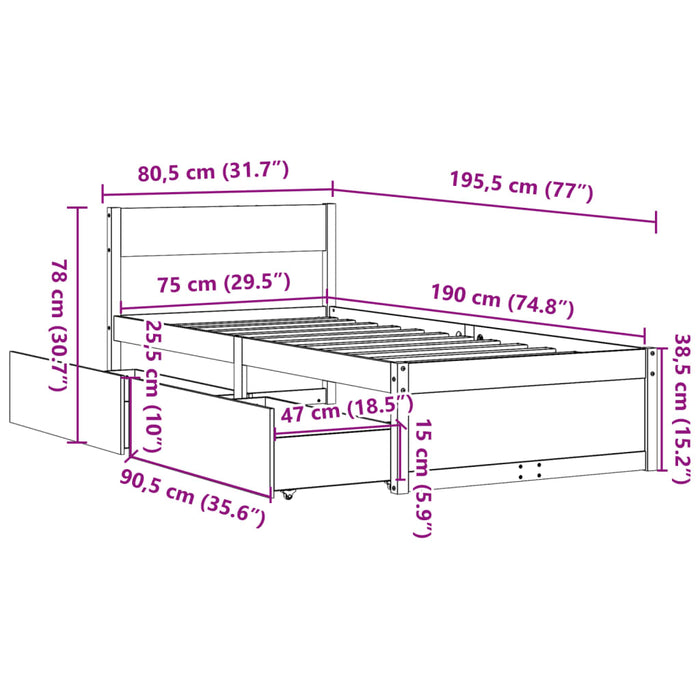 Giroletto Cassetti Marrone Cera 75x190cm in Legno Massello Pino 846809