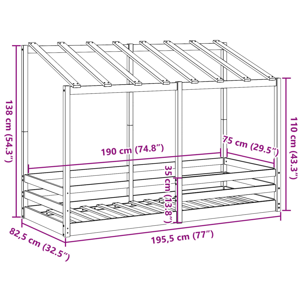 Letto per Bambini con Tetto 75x190 cm in Legno Massello di Pino 847009