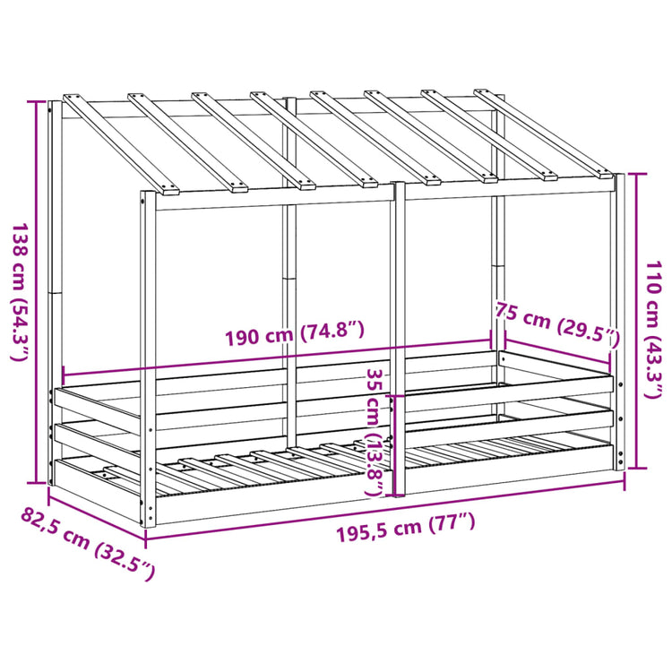 Letto per Bambini con Tetto 75x190 cm in Legno Massello di Pino 847009