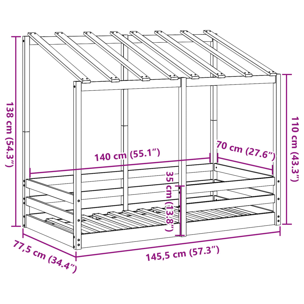 Letto per Bambini con Tetto 70x140 cm in Legno Massello di Pino 847015