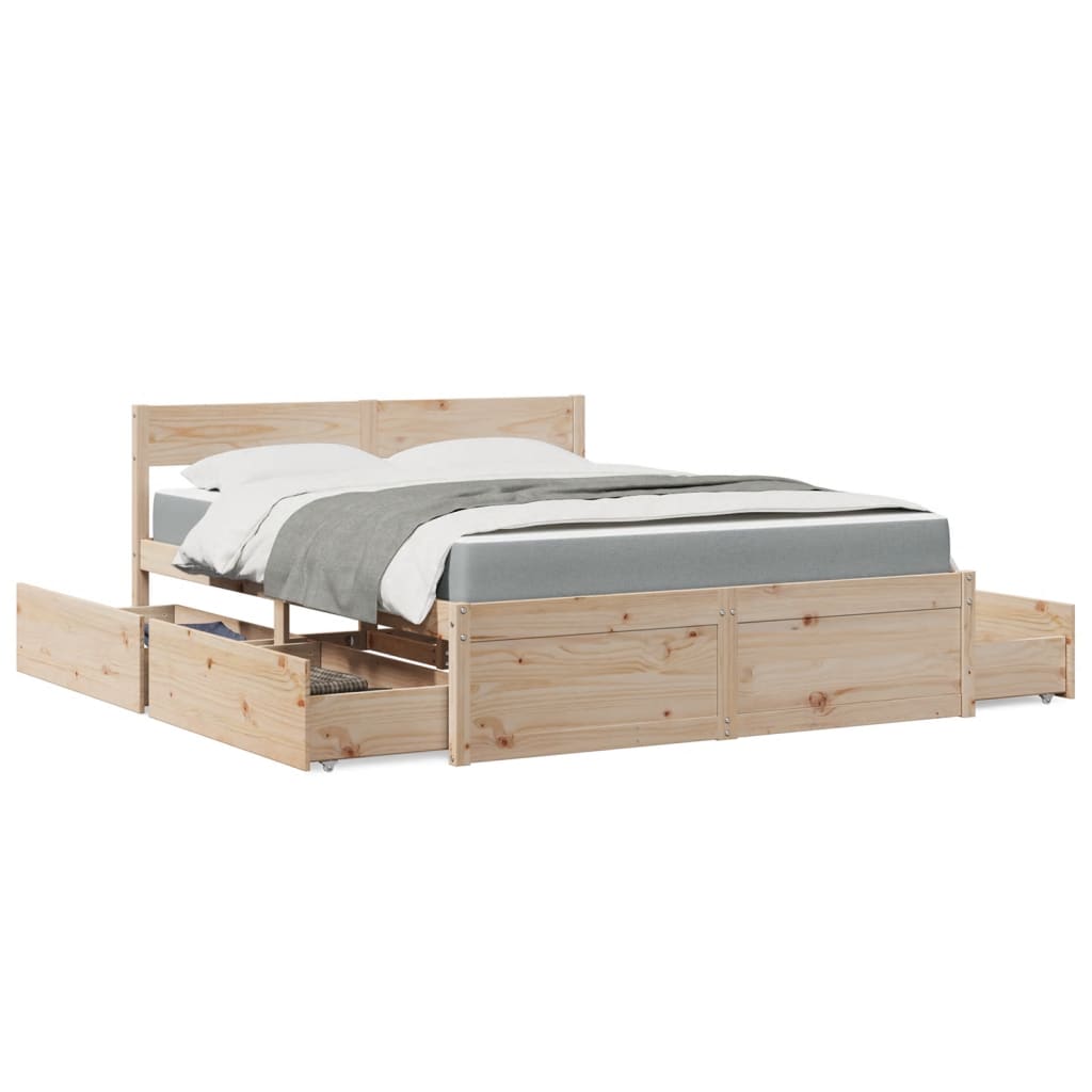 Letto con Cassetti e Materasso 140x200 cm Legno Massello Pino 3281898