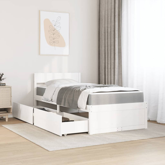 Letto Cassetti e Materasso Bianco 100x200cm Legno Massello Pino 3281905