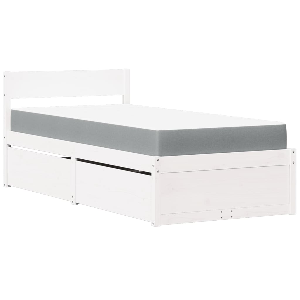 Letto Cassetti e Materasso Bianco 90x190 cm Legno Massello Pino 3281920