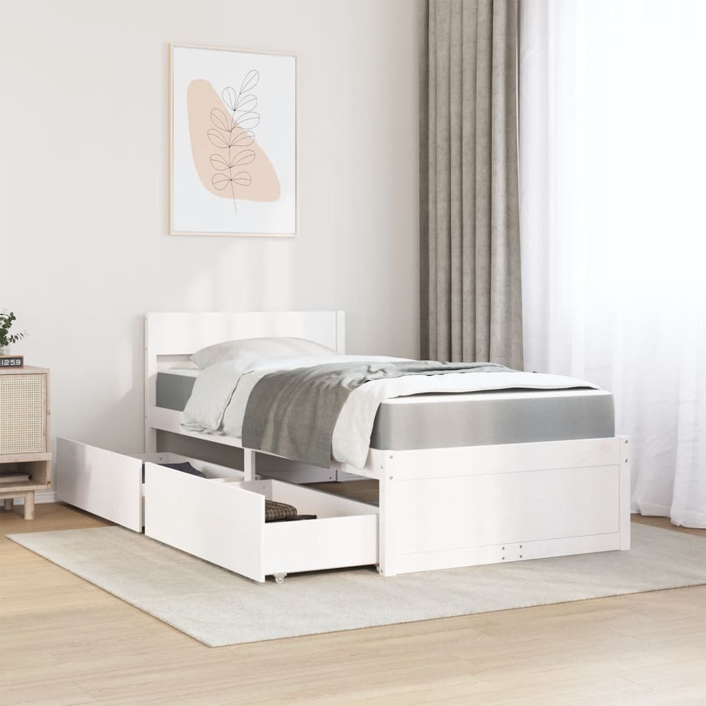 Letto Cassetti e Materasso Bianco 90x190 cm Legno Massello Pino 3281920