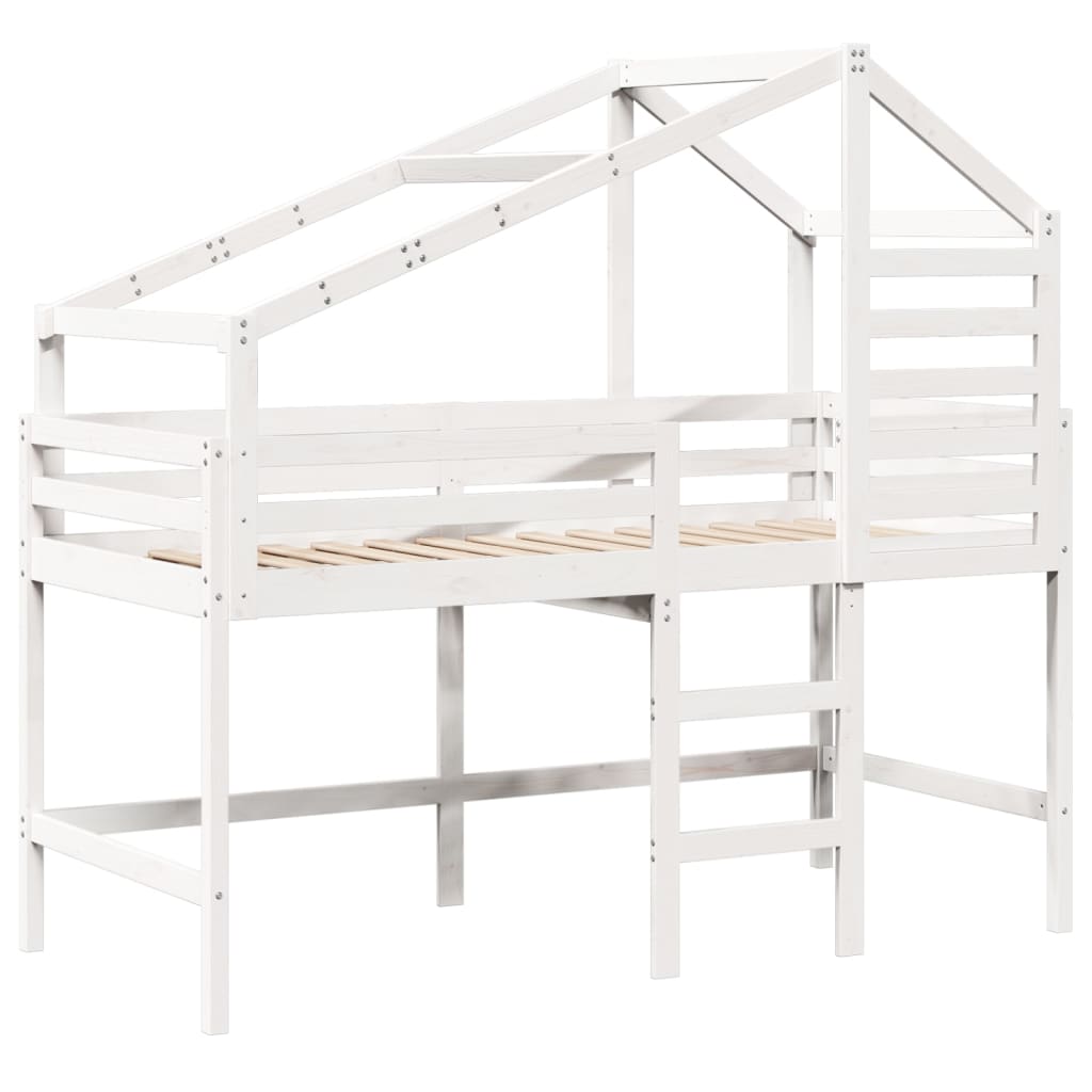 Letto Soppalco con Scala e Tetto Bianco 90x190 cm Massello Pino 3281991