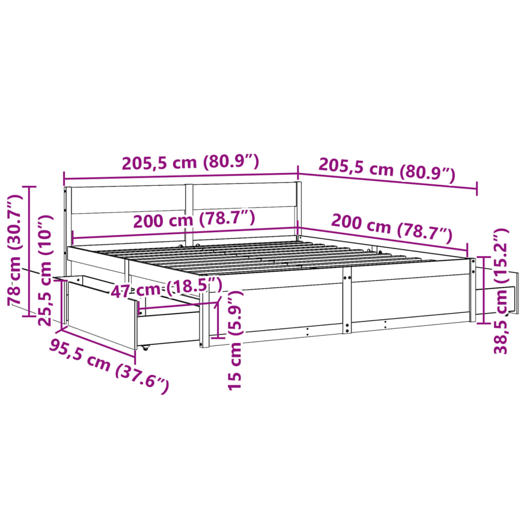 Giroletto con Cassetti 200x200 cm in Legno Massello di Pino 3282336