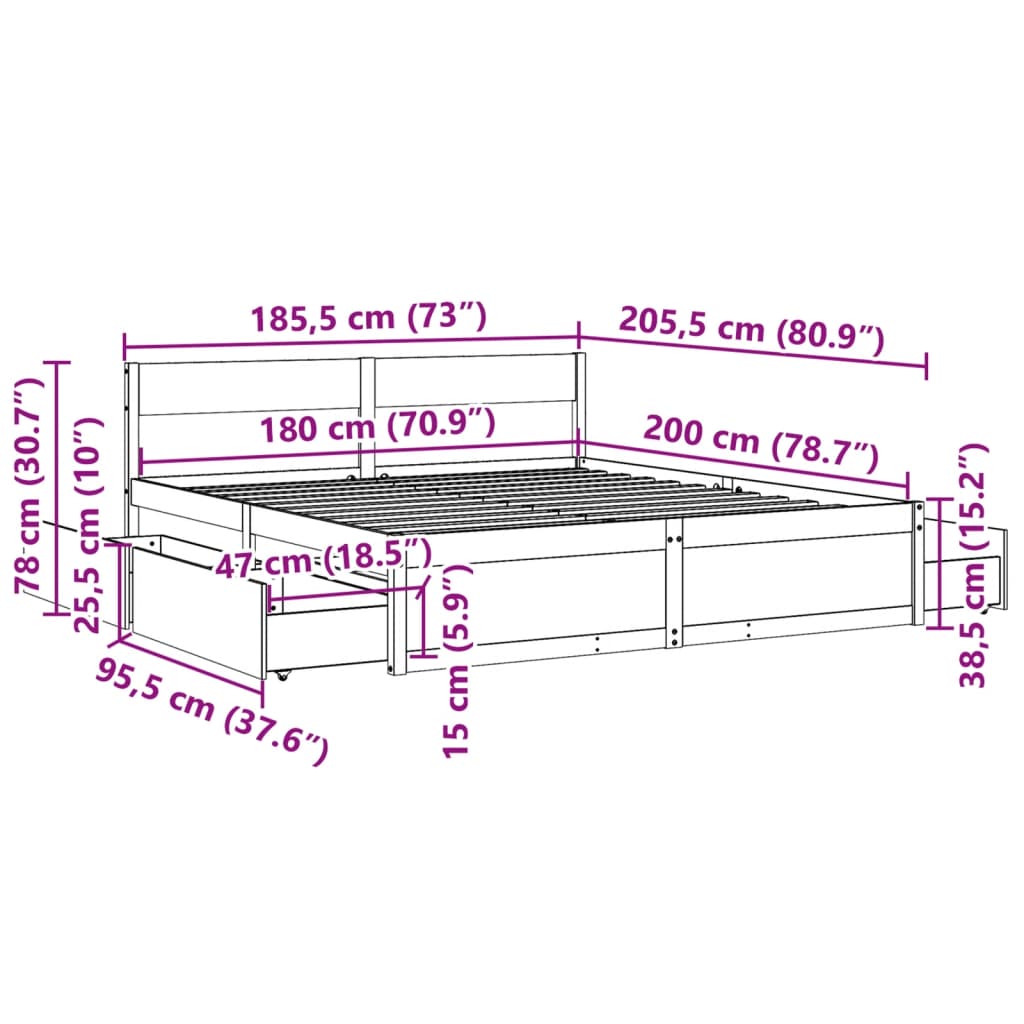 Giroletto con Cassetti Bianco 180x200 cm Legno Massello di Pino 3282340