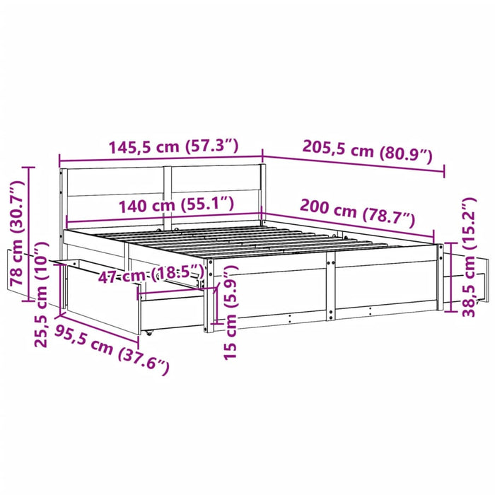 Giroletto con Cassetti 140x200 cm in Legno Massello di Pino 3282348