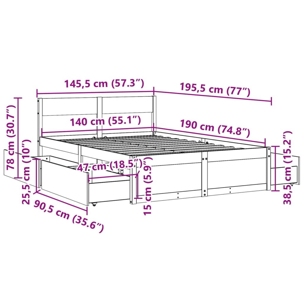 Giroletto con Cassetti 140x190 cm in Legno Massello di Pino 3282354